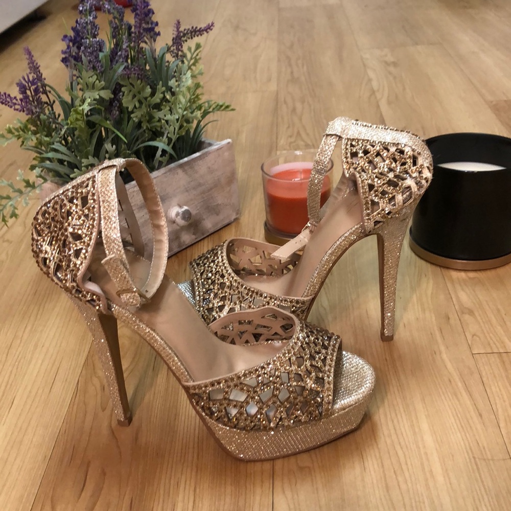 Thalia Sodi Gold Glitter and Rhinestone Heels